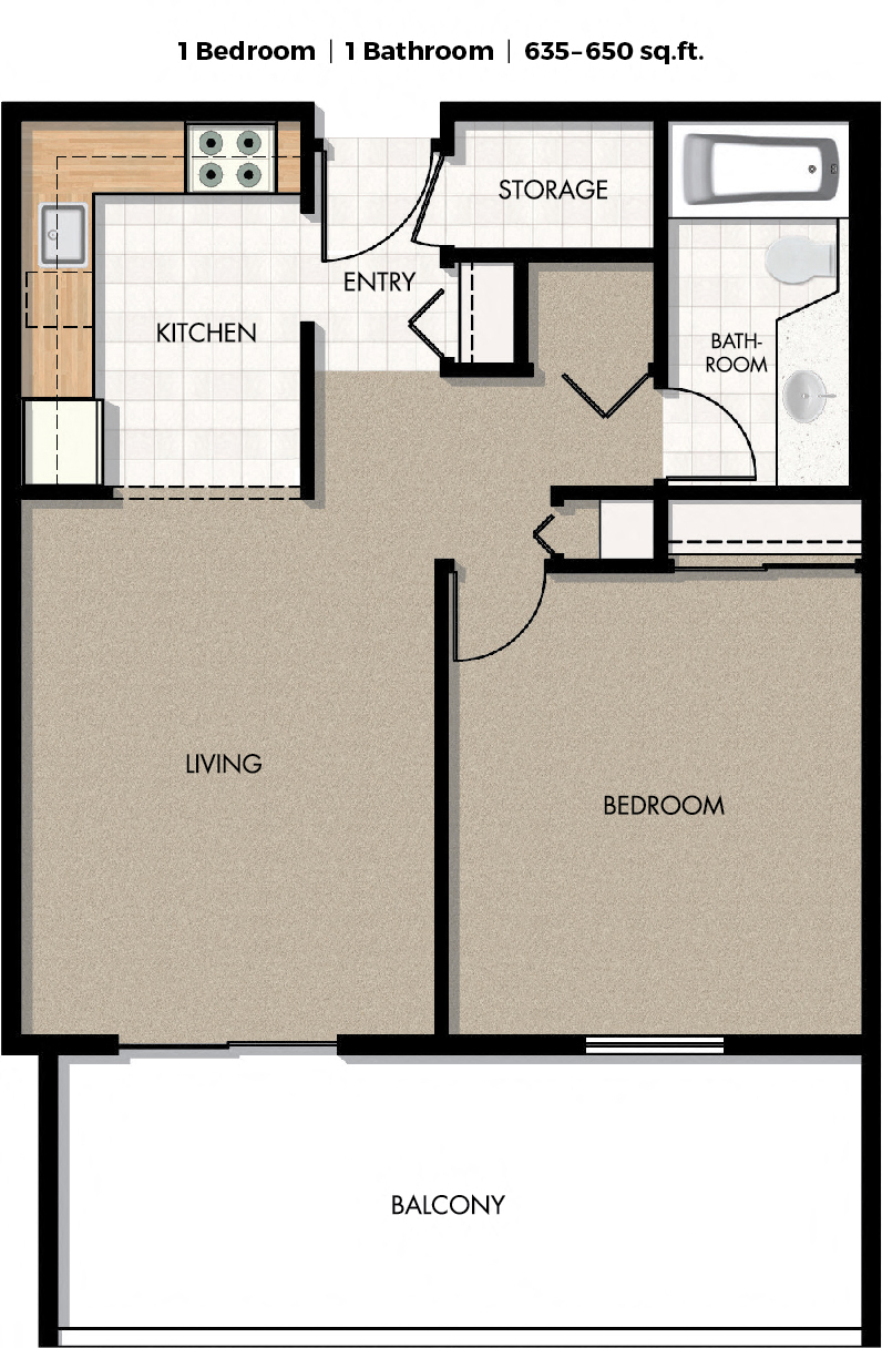 Floor plan for 1 bed, 1 bath, 650 sqft